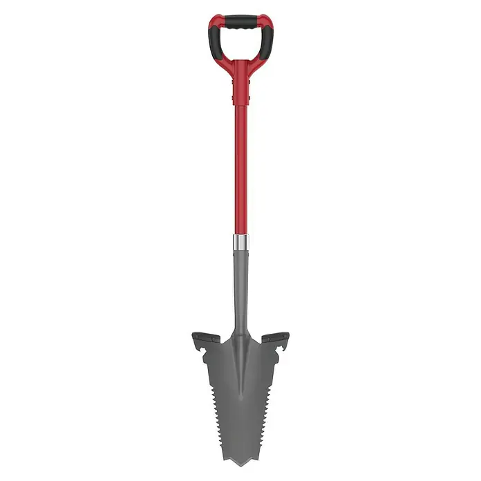 Easymaxx Multifunktionsspaten + Wurzelsäge - 114 cm, Stahl - Nahaufnahme eines Spatens mit rotem Griff und schwarzem Handgriff, der für Gartenarbeiten und Landschaftsbau verwendet wird.