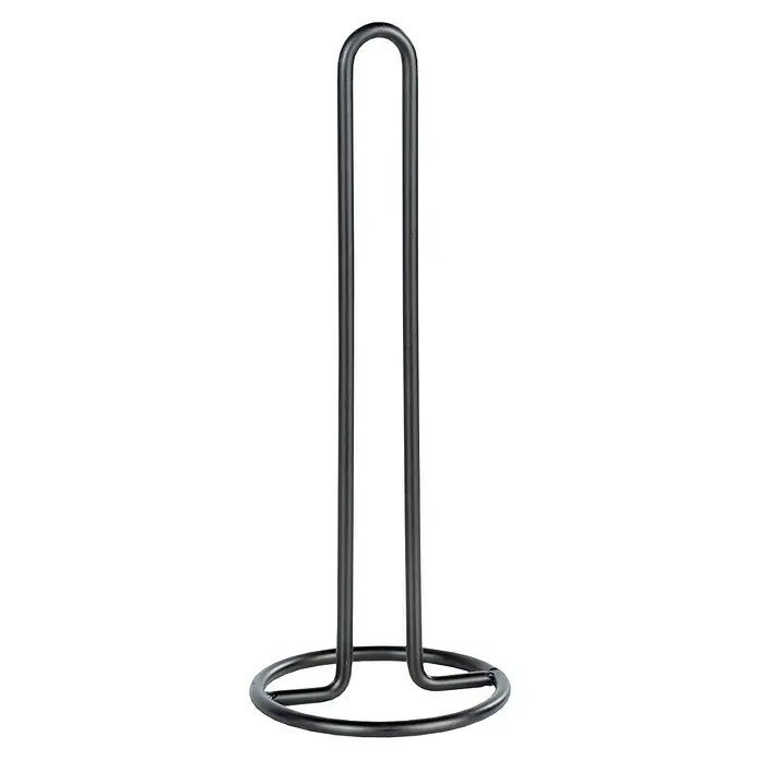 Wenko Papierrollenhalter - Höhe: 32,5 cm, Metall - Ein minimalistischer, mattschwarzer Küchenrollenhalter aus Metall mit einem runden Sockel und einer gebogenen Halterung.