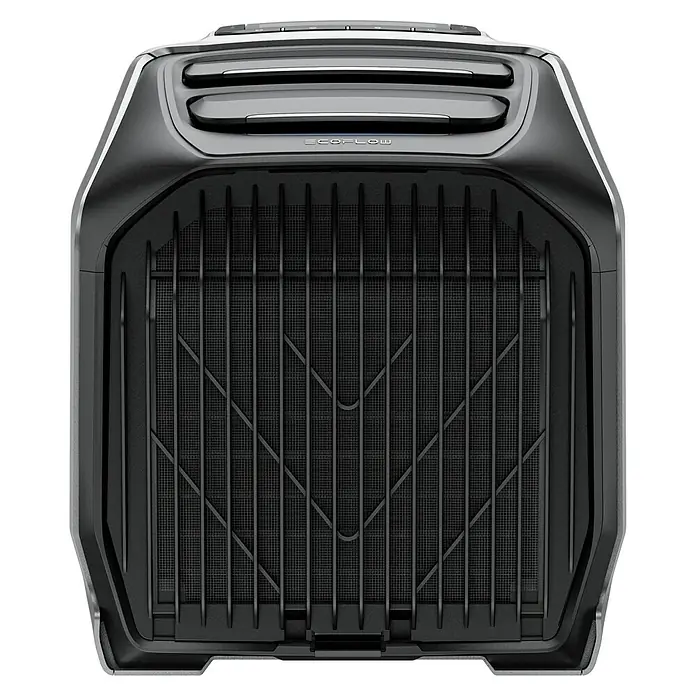 EcoFlow Mobiles Klimagerät Wave 3 - 1,8 kW, Raumgröße: 11 m² - 17 m², Grau - Ansicht eines EcoFlow-Kraftwerks mit schwarzem Gitter. Seine robuste Konstruktion bietet zuverlässige Leistung für verschiedene Geräte.