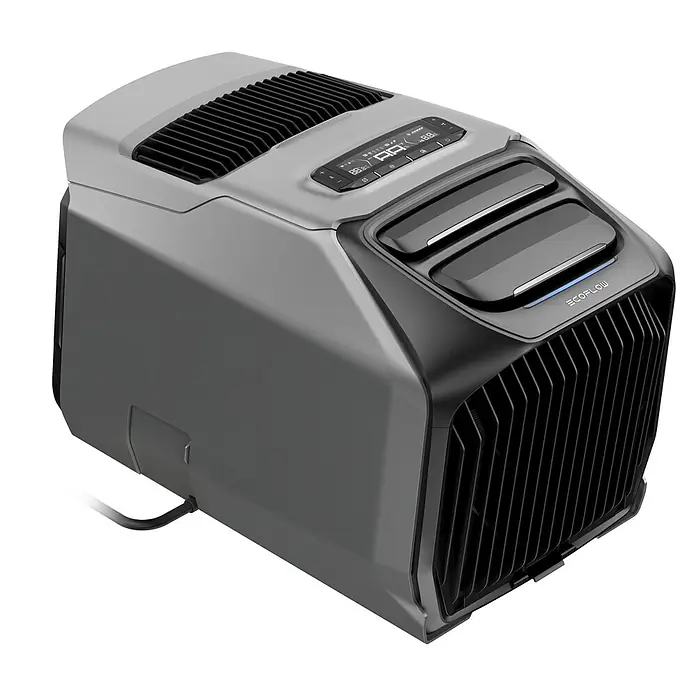 EcoFlow Mobiles Klimagerät Wave 3 - 1,8 kW, Raumgröße: 11 m² - 17 m², Grau - Nahaufnahme des EcoFlow tragbaren Klimageräts mit Bedienfeld, Lüftungsschlitzen und EcoFlow Logo, das für Komfort und Kühlung steht.