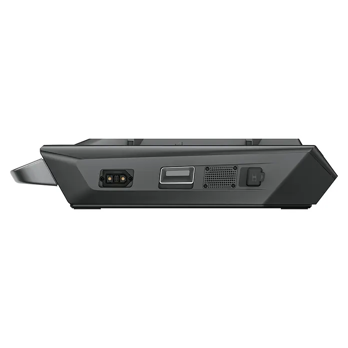 EcoFlow Ersatz-Akku Wave 3 - L x B x H: 111 x 516 x 281 mm - Nahaufnahme der Rückseite einer schwarzen Ladestation, die verschiedene Anschlüsse und Schnittstellen zeigt.