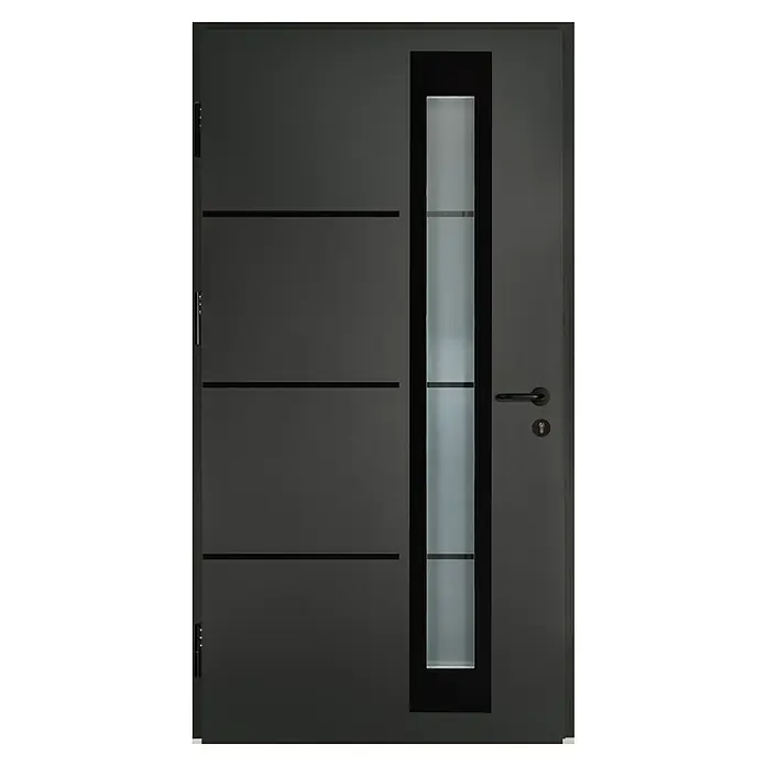 Splendoor Haustür Thermodoor PLUS SP50 Black Design - 110 x 210 cm, DIN Anschlag: Links, Anthrazitgrau Feinstruktur/Tiefschwarz - Moderne graue Tür mit Glaseinsatz und horizontalen Linien.