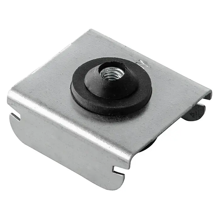 Placafix Aislador acústico AKM6 Perfil 47 - Número de componentes: 100 ud., Apto para: Falsos techos - Soporte metálico cuadrado con tuerca. El soporte es de color plateado y la tuerca está recubierta de goma.