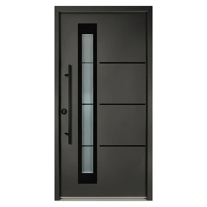 Splendoor Haustür Thermodoor PLUS SP50 Black Design - 110 x 210 cm, DIN Anschlag: Links, Anthrazitgrau Feinstruktur/Tiefschwarz - Graue Tür mit Fenster und Griff. Diese moderne Tür besticht durch ihr schlichtes Design und die hochwertige Verarbeitung.