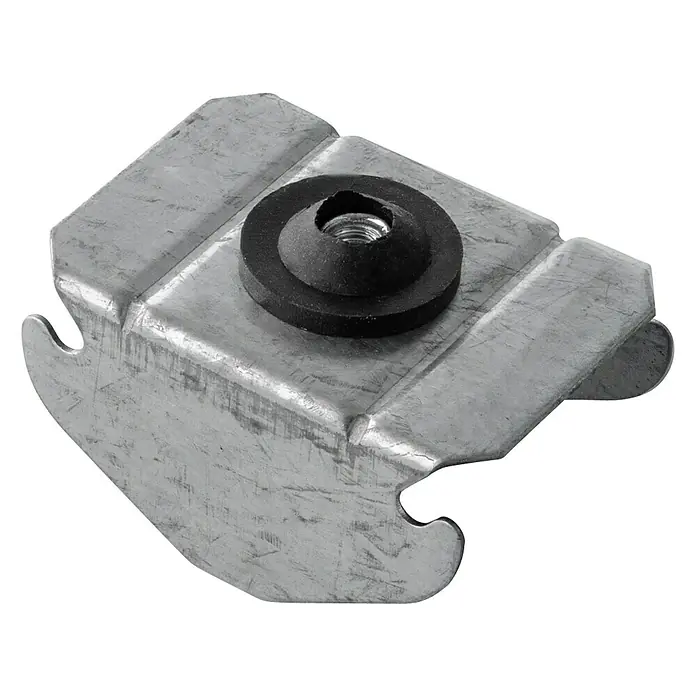 Placafix Aislador acústico AKM6 Perfil 60 - Número de componentes: 100 ud., Apto para: Falsos techos - Primer plano de una tuerca de clip cincada con arandela de goma para una fijación segura.