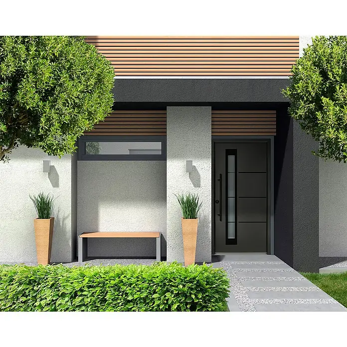 Splendoor Haustür Thermodoor PLUS SP50 Black Design - 110 x 210 cm, DIN Anschlag: Links, Anthrazitgrau Feinstruktur/Tiefschwarz - Moderne Haustür in Anthrazit mit geraden Linien und Glaseinsatz, umgeben von stilvoller Gartengestaltung.