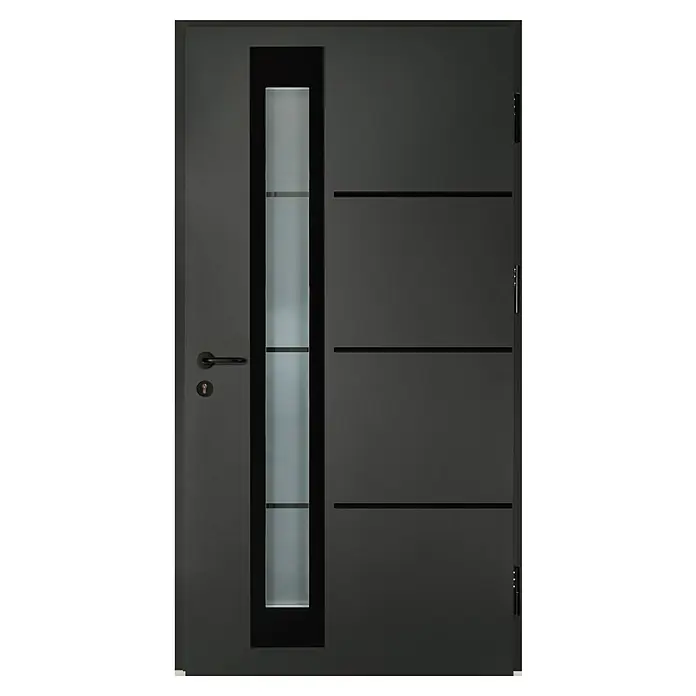 Splendoor Haustür Thermodoor PLUS SP50 Black Design - 110 x 210 cm, DIN Anschlag: Rechts, Anthrazitgrau Feinstruktur/Tiefschwarz - Elegante graue Haustür mit Glaseinsatz und horizontalen Akzentlinien, die modernes Design und Funktionalität vereint.