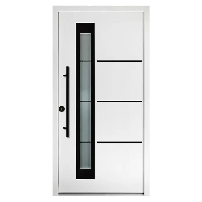 Splendoor Haustür Thermodoor PLUS SP50 Black Design - 110 x 210 cm, DIN Anschlag: Links, Verkehrsweiß/Tiefschwarz - Eine moderne, weiße Haustür mit einem schwarzen, vertikalen Glaseinsatz und einem langen, schwarzen Türgriff. Die Tür zeichnet sich durch ihr schlichtes Design aus.