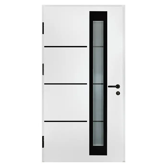 Splendoor Haustür Thermodoor PLUS SP50 Black Design - 110 x 210 cm, DIN Anschlag: Links, Verkehrsweiß/Tiefschwarz - Elegante weiße Tür mit schwarzem, rechteckigem Glaseinsatz und horizontalen Akzenten. Der Türgriff ist ebenfalls in Schwarz gehalten.