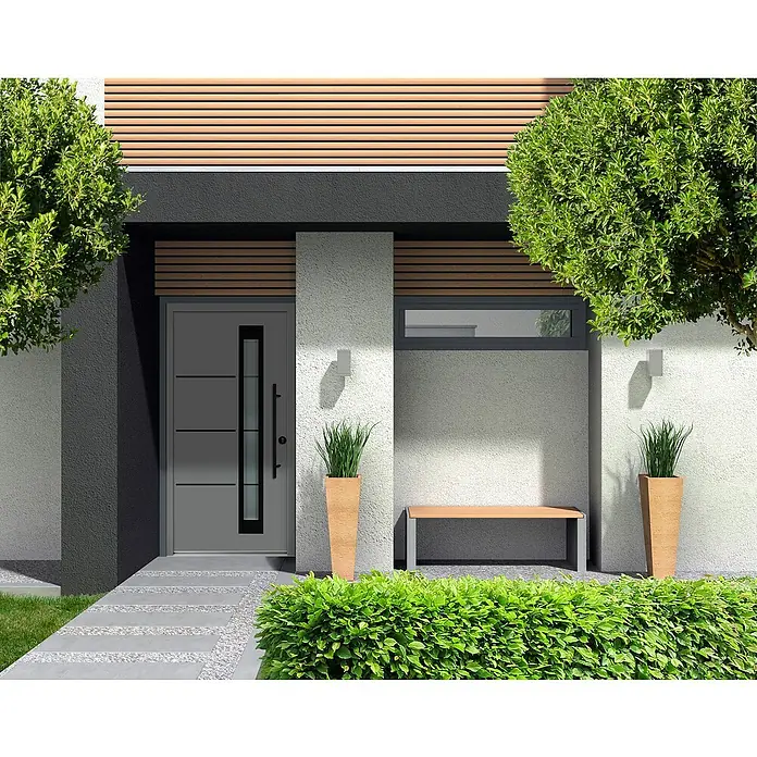 Splendoor Haustür Thermodoor PLUS SP50 Black Design - 110 x 210 cm, DIN Anschlag: Links, Verkehrsgrau/Tiefschwarz - Moderne Haustür mit geradlinigem Design, eingelassenem Fenster und langem Griff in einem stilvollen, zeitgenössischen Haus.