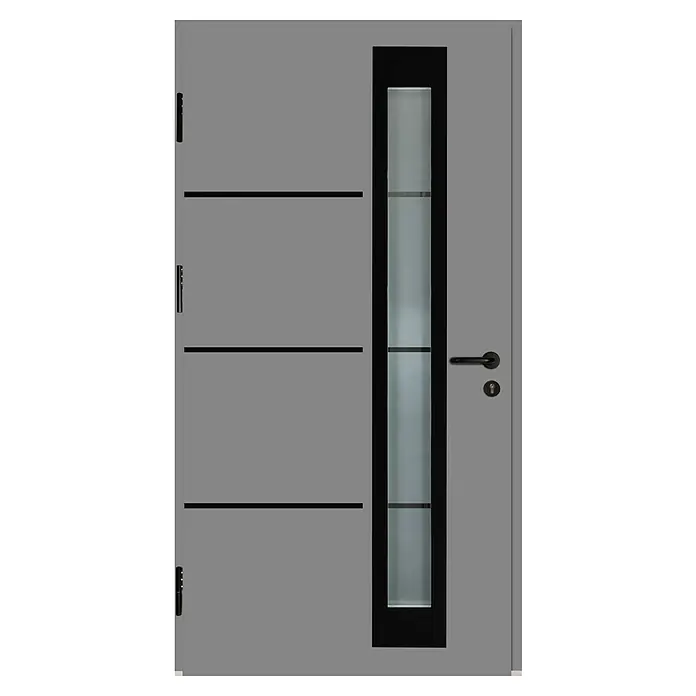 Splendoor Haustür Thermodoor PLUS SP50 Black Design - 110 x 210 cm, DIN Anschlag: Links, Verkehrsgrau/Tiefschwarz - Graue Tür mit schwarzem, rechteckigem Glaseinsatz und horizontalen Streifen, ein modernes und stilvolles Designelement für Ihr Zuhause.