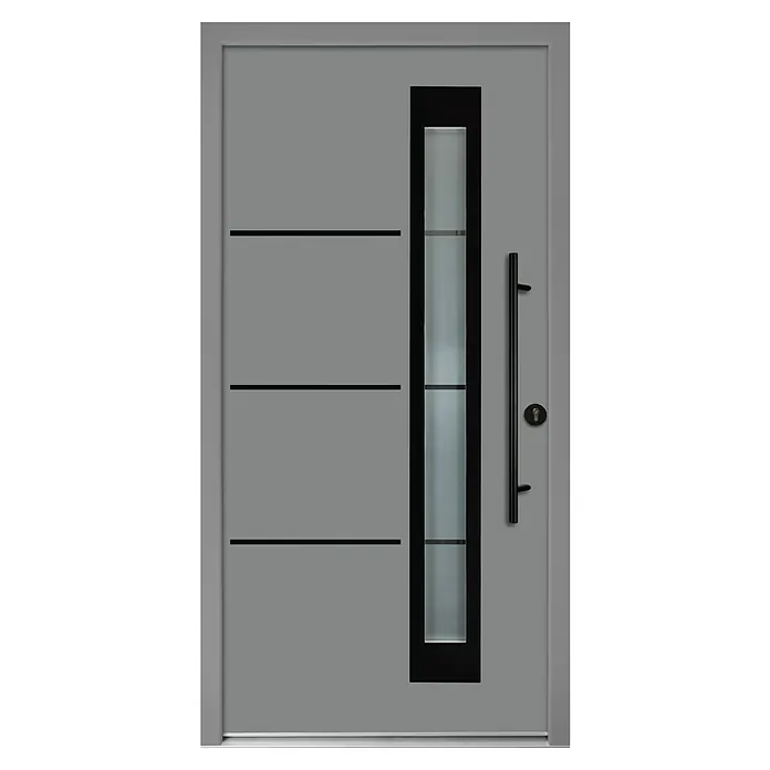 Splendoor Haustür Thermodoor PLUS SP50 Black Design - 100 x 210 cm, DIN Anschlag: Rechts, Verkehrsgrau/Tiefschwarz - Graue Haustür mit langem Griff, Glaselement und horizontalen Akzenten. Das moderne Design passt zu vielen Architekturstilen.