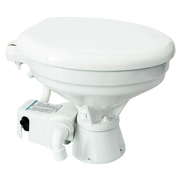 Albin Pump Bordtoilette Standard Elektro EVO Comfort 12V - L x B x H: 49 x 34 x 47 cm, Keramik - Bild einer weißen elektrischen Toilette. Modernes Sanitärgerät für den Einbau in Bad oder WC.