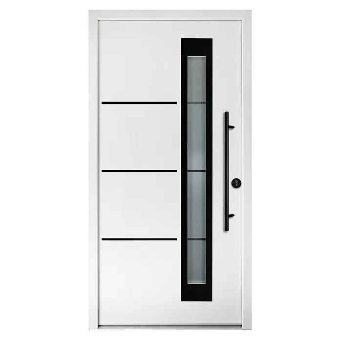 Splendoor Haustür Thermodoor PLUS SP50 Black Design - 110 x 210 cm, DIN Anschlag: Rechts, Verkehrsweiß/Tiefschwarz - Moderne weiße Haustür mit rechteckigem Glasfenster und langem, schwarzem Griff. Elegantes Design für einen stilvollen Eingangsbereich.