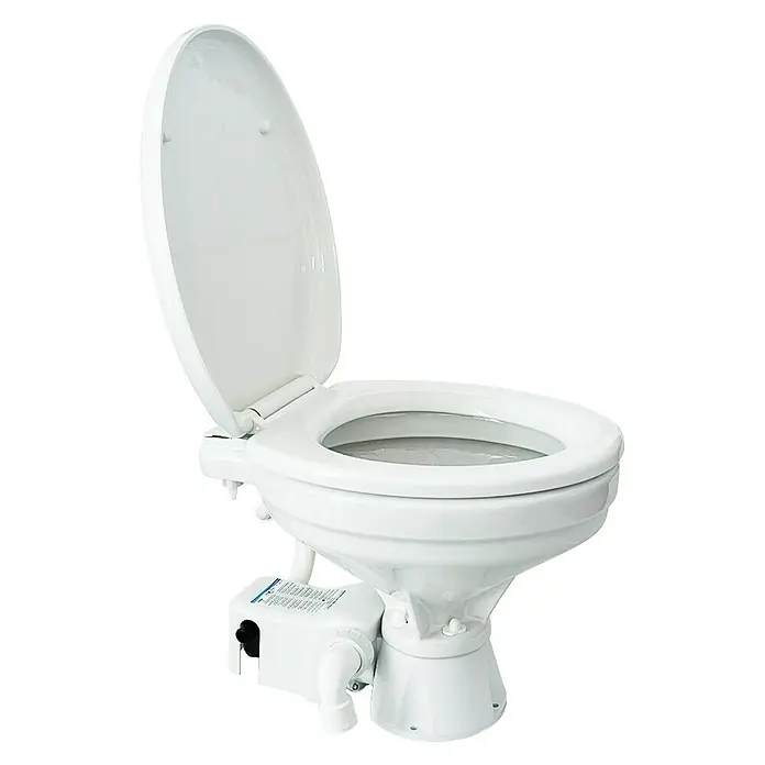 Albin Pump Bordtoilette Standard Elektro EVO Comfort 12V - L x B x H: 49 x 34 x 47 cm, Keramik - Weiße Marinetoilette mit offenem Deckel, ideal für Boote und Yachten. Kompakte Bauweise und einfache Installation zeichnen diese Toilette aus.