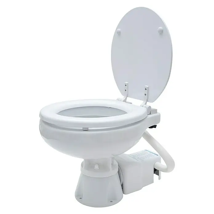 Albin Pump Bordtoilette Standard Electric EVO Kompakt Low 12V - L x B x H: 42,5 x 45 x 31 cm, Keramik - Weiße Toilette mit geöffnetem Deckel, ideal für Badezimmer auf Schiffen oder in Wohnmobilen. Sie verfügt über ein modernes Design.