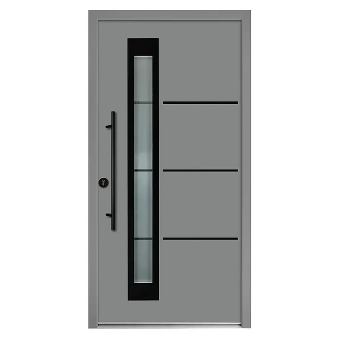 Splendoor Haustür Thermodoor PLUS SP50 Black Design - 110 x 210 cm, DIN Anschlag: Links, Verkehrsgrau/Tiefschwarz - Moderne Haustür in Grau mit senkrechtem Glaselement und horizontalen Linien. Elegantes Design für einen stilvollen Eingangsbereich.