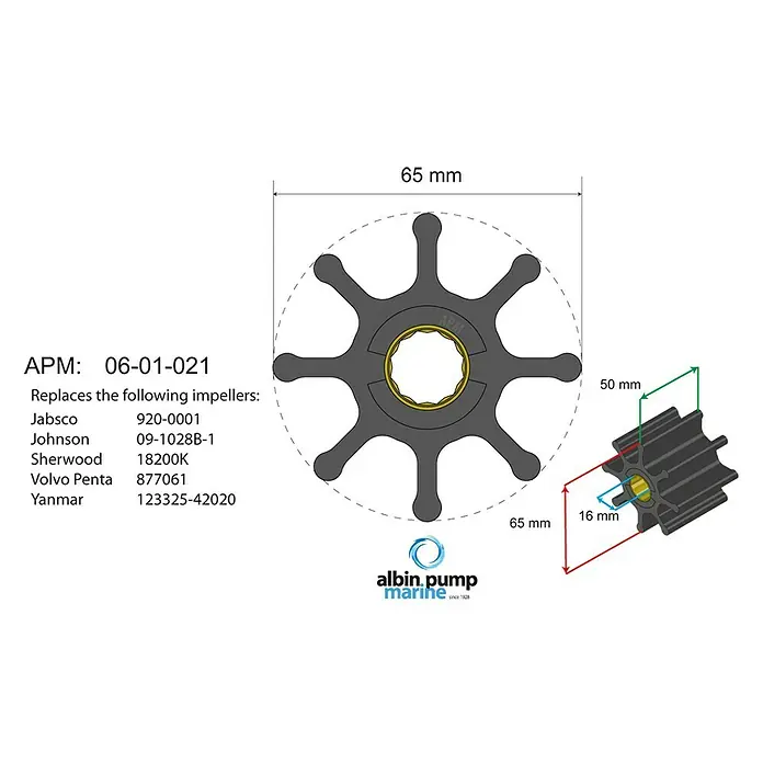 Albin Pump Impeller PN 06-01-021 - Ø x L: 65 x 50 mm, Wellendurchmesser: 16 mm - Abbildung eines APM 06-01-021 Marinepumpenimpellers mit Maßangaben und Ersatzteilnummern für verschiedene Marken.