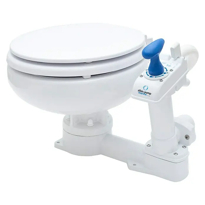 Albin Pump Bordtoilette Manuell Kompakt Low - L x B x H: 40 x 45 x 29 cm, Keramik - Weiße Albin Marine-Toilette mit blauem Hebel. Eine kompakte und effiziente Sanitärlösung für Boote und Yachten.