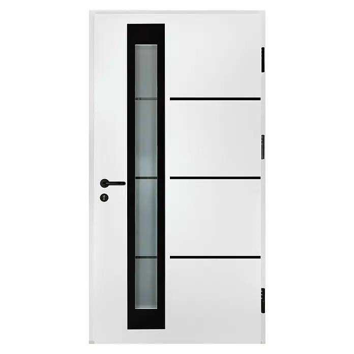 Splendoor Haustür Thermodoor PLUS SP50 Black Design - 110 x 210 cm, DIN Anschlag: Rechts, Verkehrsweiß/Tiefschwarz - Moderne weiße Tür mit schwarzen Akzenten und einem schmalen, vertikalen Glaseinsatz. Elegantes Design für ein stilvolles Zuhause.