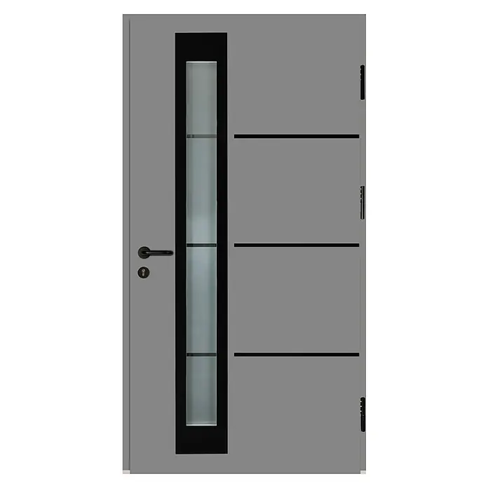 Splendoor Haustür Thermodoor PLUS SP50 Black Design - 100 x 210 cm, DIN Anschlag: Rechts, Verkehrsgrau/Tiefschwarz - Graue moderne Haustür mit vertikalem Glaseinsatz und horizontalen schwarzen Akzenten.