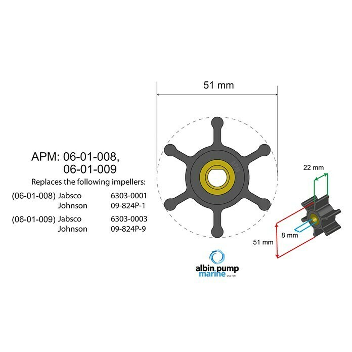 Albin Pump Impeller PN 06-01-009 (Ø x L: 51 x 22 mm, Wellendurchmesser: 8 mm)