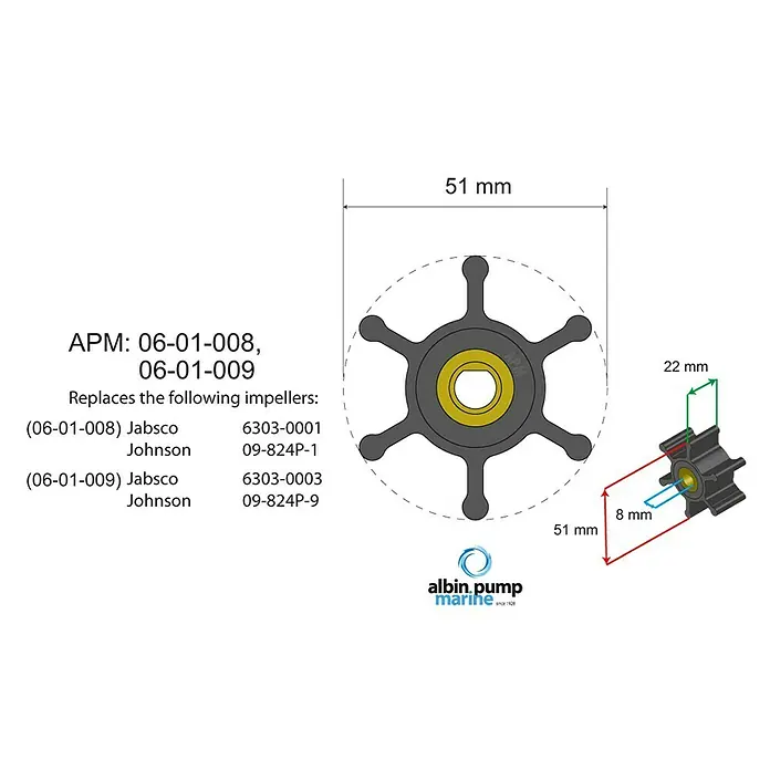 Albin Pump Impeller PN 06-01-009 - Ø x L: 51 x 22 mm, Wellendurchmesser: 8 mm - Abbildung eines APM 06-01-008/06-01-009 Marinepumpenlaufrads mit Abmessungen und Ersatzteilen, dargestellt in technischer Zeichnung.