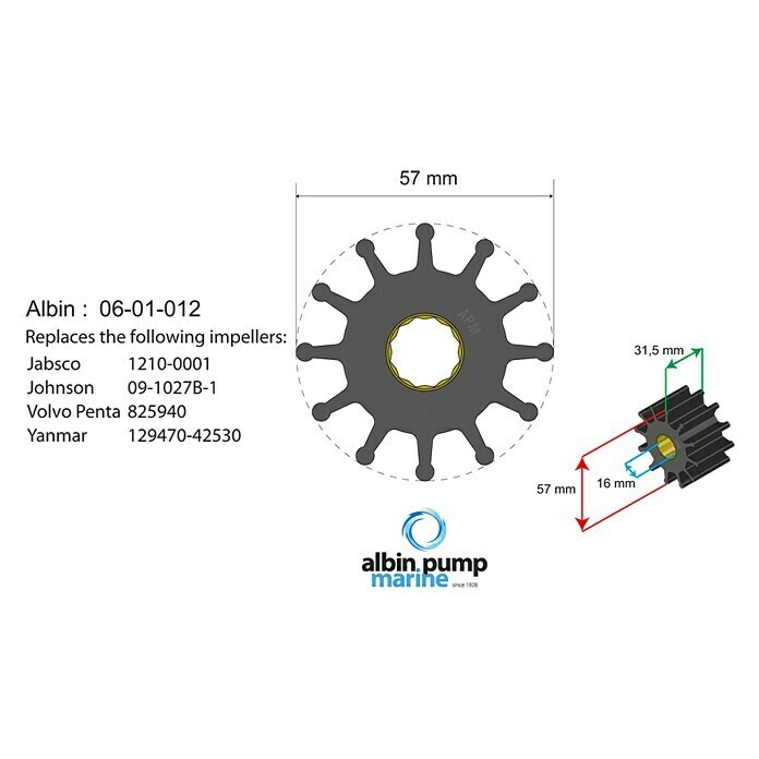 Albin Pump Impeller PN 06-01-012Ø x L: 57 x 31,5 mm, Wellendurchmesser: 16 mm Front View