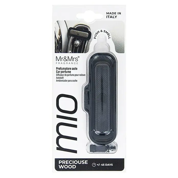 Mr & Mrs Fragrance Ambientador de coche Mío - Preciouse Wood, Negro, 45 días - Un ambientador de coche Mr&Mrs Mio "Preciouse Wood" en un soporte de plástico negro, envasado en cartón blanco.