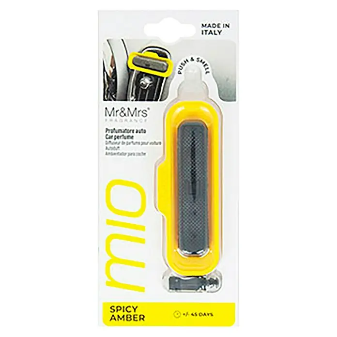 Mr & Mrs Fragrance Ambientador de coche Mío - Spicy Amber, Amarillo, 45 días - Imagen de un ambientador para coche Mr&Mrs Fragrance "Spicy Amber" en envase amarillo, prometiendo una experiencia fragante hasta 45 días.