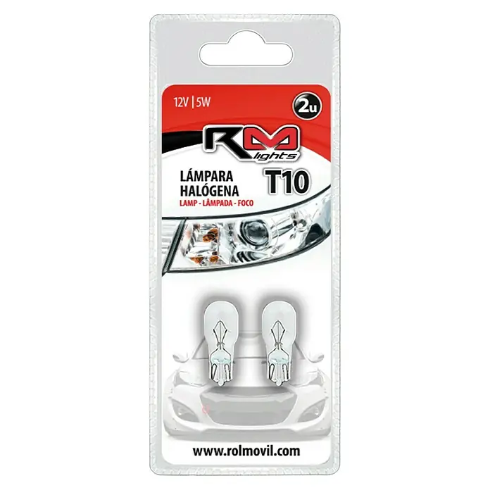 Rolmovil Lights Bombilla para faro delantero - 12 V, 2 ud., Transparente, 4 W - Paquete de 2 bombillas halógenas T10 (12V/5W) de RM Lights, ideales para faros de coche. Práctico y fiable para tu vehículo.