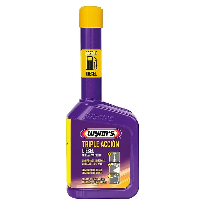 Wynn's Aditivo para diésel Triple Acción - 325 ml - Imagen de una botella de Wynn's Triple Acción Diesel, un aditivo para limpiar motores diésel y reducir emisiones.