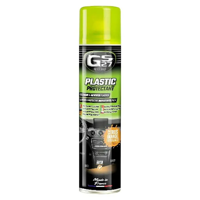 GS27 Abrillantador protector - 400 ml - Aerosol protector de plástico G27, para limpiar y proteger superficies de plástico, con fragancia cítrica de naranja.