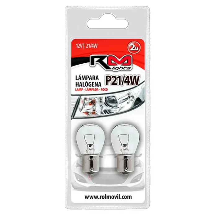 Rolmovil Lights Bombilla para faro delantero Baz15d - 12 V, 2 ud., Transparente - Paquete de dos bombillas halógenas P21/4W de RM lights, ideales para la iluminación del vehículo y la visibilidad en la carretera.