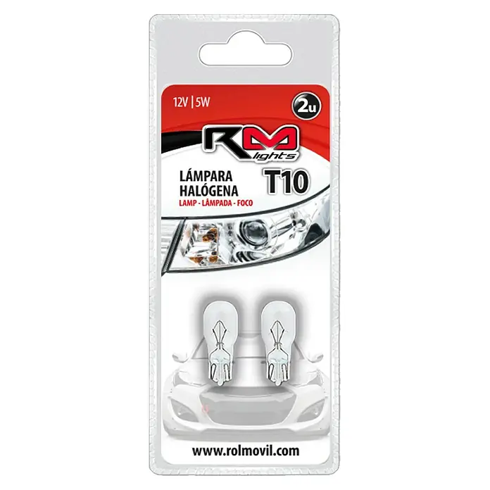 Rolmovil Lights Bombilla para faro delantero - 12 V, 2 ud., Transparente, 4 W - Primer plano de un paquete que contiene dos bombillas halógenas T10 (12V/5W) de KM Lights para iluminación vehicular.
