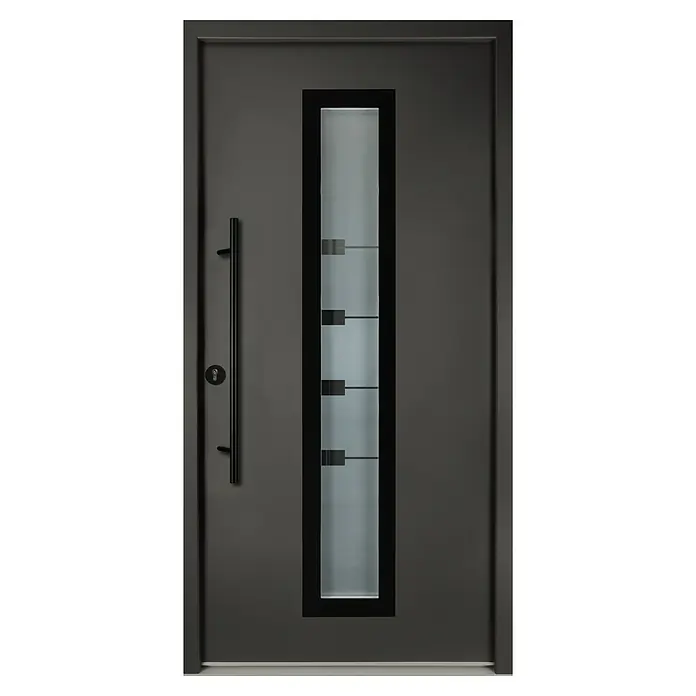 Splendoor Haustür Thermodoor PLUS SP80 Black Design - 100 x 210 cm, DIN Anschlag: Links, Anthrazitgrau Feinstruktur/Tiefschwarz - Eine moderne, anthrazitfarbene Haustür mit einem länglichen Glaseinsatz und minimalistischen Akzenten.