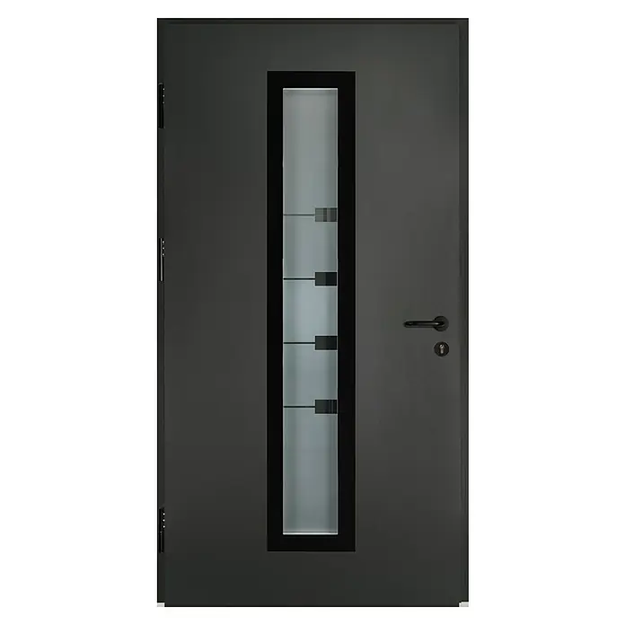 Splendoor Haustür Thermodoor PLUS SP80 Black Design - 100 x 210 cm, DIN Anschlag: Links, Anthrazitgrau Feinstruktur/Tiefschwarz - Elegante graue Tür mit einem vertikalen Glaseinsatz und schwarzen Akzenten, die modernes Design und Funktionalität vereint.