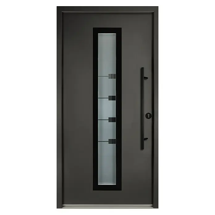 Splendoor Haustür Thermodoor PLUS SP80 Black Design - 110 x 210 cm, DIN Anschlag: Rechts, Anthrazitgrau Feinstruktur/Tiefschwarz - Elegante, moderne Haustür in Anthrazit mit einem schmalen, rechteckigen Glaseinsatz und einem länglichen, schwarzen Türgriff.
