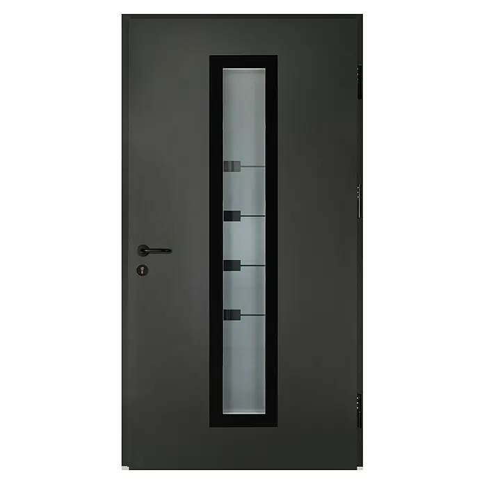 Splendoor Haustür Thermodoor PLUS SP80 Black Design - 110 x 210 cm, DIN Anschlag: Rechts, Anthrazitgrau Feinstruktur/Tiefschwarz - Elegante anthrazitfarbene Tür mit schmalem Glaseinsatz und modernen Beschlägen. Ideal für stilvolle Wohnräume mit Fokus auf Design.