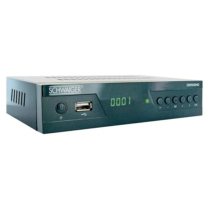 Schwaiger HDTV-Sat-Receiver DVB-S2 - Schwarz, 1.080 Pixel (Full HD), L x B x H: 15 x 19,7 x 9,2 cm - Nahaufnahme eines schwarzen Schwaiger DSR500HD Digitalen Satellitenreceivers mit Tasten, USB-Anschluss und LED-Anzeige.