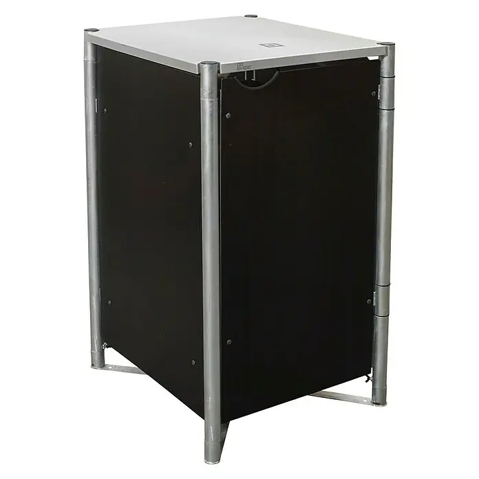 Hide Mülltonnenbox - 80,7 x 69,7 x 115,2 cm, Passend für: 1 Mülltonne 180 - 240 l, Kunststoff, Schwarz - Das Bild zeigt einen schwarzen Küchenschrank mit silbernen Rahmen und einer Tischplatte, ideal für zusätzlichen Stauraum in jeder Küche.