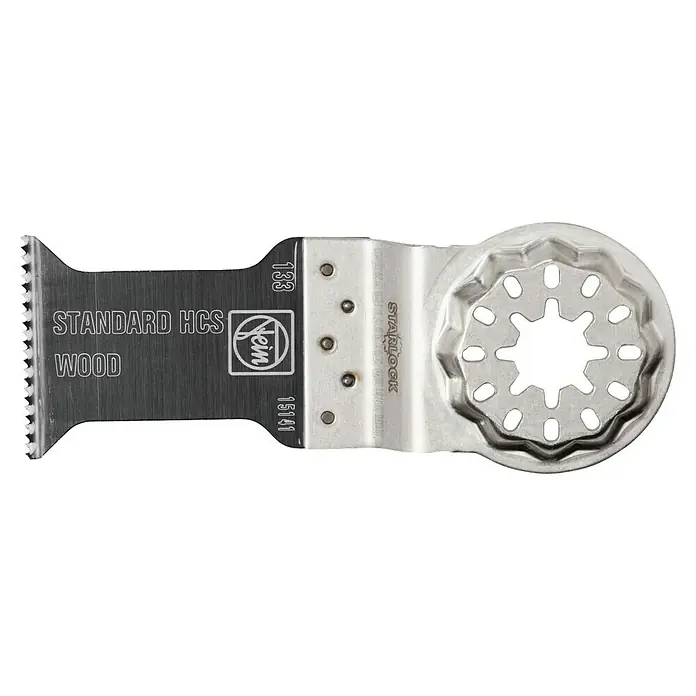 Fein Starlock Hoja de sierra E-Cut Standard - 50 x 35 mm, 3 ud. - La imagen muestra una hoja de sierra oscilante de FEIN, específicamente para trabajos de madera. La hoja está marcada con "STANDARD HCS WOOD" y tiene una montura Starlock.