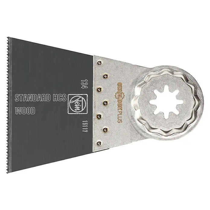 Fein Starlock Plus Hoja de sierra E-Cut Standard - 50 x 65 mm, 1 ud. - Imagen de una hoja de sierra oscilante Fein Standard HCS Wood, perfecta para cortes de madera precisos. Montura Starlock Plus para cambios rápidos de herramienta.