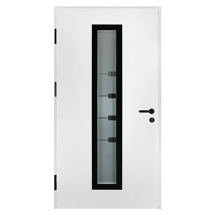 Splendoor Haustür Thermodoor PLUS SP80 Black Design - 110 x 210 cm, DIN Anschlag: Links, Verkehrsweiß/Tiefschwarz - Nahaufnahme einer modernen, weißen Innentür mit einem schmalen, vertikalen Glaseinsatz und schwarzen Beschlägen.