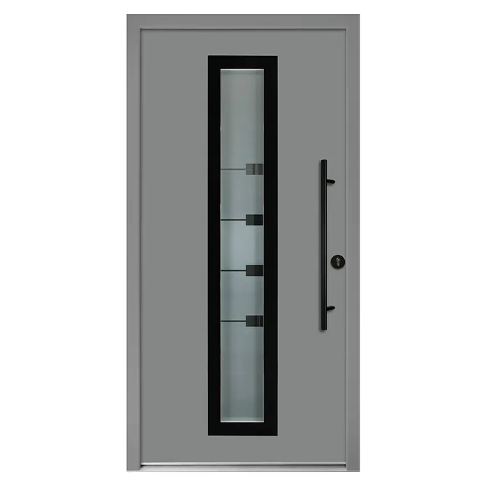 Splendoor Haustür Thermodoor PLUS SP80 Black Design - 110 x 210 cm, DIN Anschlag: Rechts, Verkehrsgrau/Tiefschwarz - Moderne Haustür in Grau mit einem länglichen Fenster und einem schlanken, schwarzen Griff. Ideal für ein stilvolles Zuhause mit Fokus auf Design.