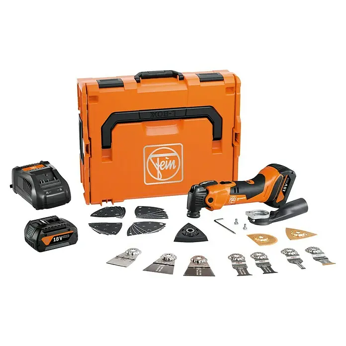Fein AMPShare 18V Akku-Multifunktionswerkzeug MultiMaster AMM500 Plus Top 4AH AS - 18 V, 2 Akkus, 4 Ah, Leerlaufschwingzahl: 11.000 /min - 18.500 /min - Das Bild zeigt ein FEIN Akku-Multitool Set mit Zubehör und L-Boxx. Optimal für Profis, die Flexibilität und Leistung benötigen.
