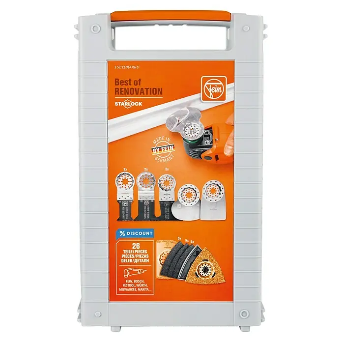 Fein Starlock Zubehör-Set Best of Starlock Renovation - 26 -tlg. - Fein "Best of Renovation" Werkzeugset mit diversen Sägeblättern und Schleifblättern, ideal für Renovierungsarbeiten.