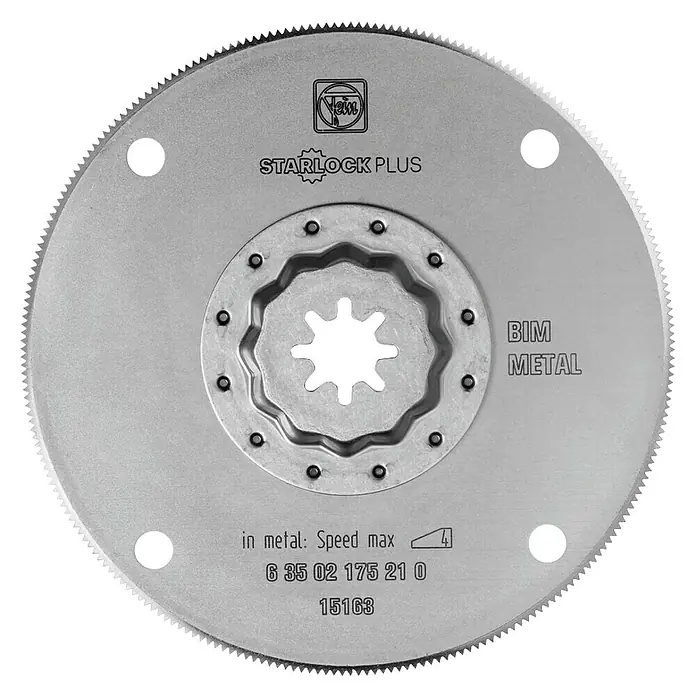 Fein Starlock Plus Hoja de sierra HSS - Apto para: Metales no ferrosos, Diámetro: 100 mm, Espesor de hoja de sierra: 0,7 mm, 5 ud. - Un primer plano de una hoja de sierra para metales Starlock Plus BIM.