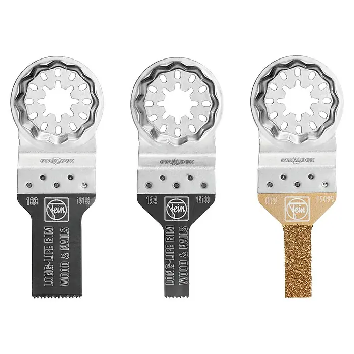 Fein Zubehör-Set Combo Starlock Mini Cut - 3 -tlg. - Drei Starlock-Sägeblätter von Fein im Detail, ideal für Holz und Nägel, mit langer Lebensdauer und hoher Präzision für Profis.