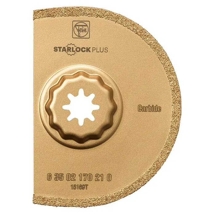 Fein Starlock Plus Hartmetall-Segmentsägeblatt - Durchmesser: 90 mm, Sägeblattstärke: 1,2 mm - Bild einer FEIN Starlock Plus Carbide Sägeblatt, goldfarben, für oszillierende Elektrowerkzeuge. Hohe Leistung & präzise Schnitte.